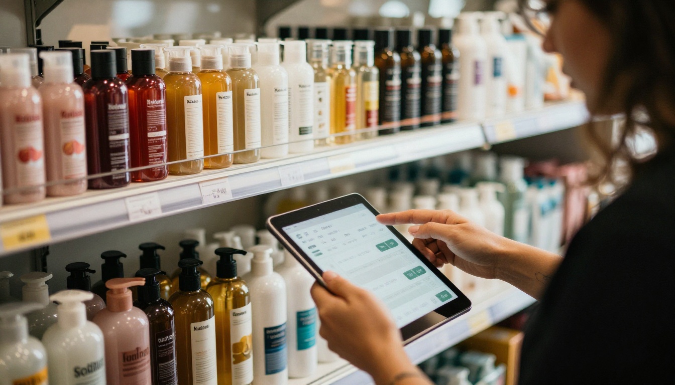 Salon owner placing a product reorder on a tablet Salon owner placing a product reorder on a tablet