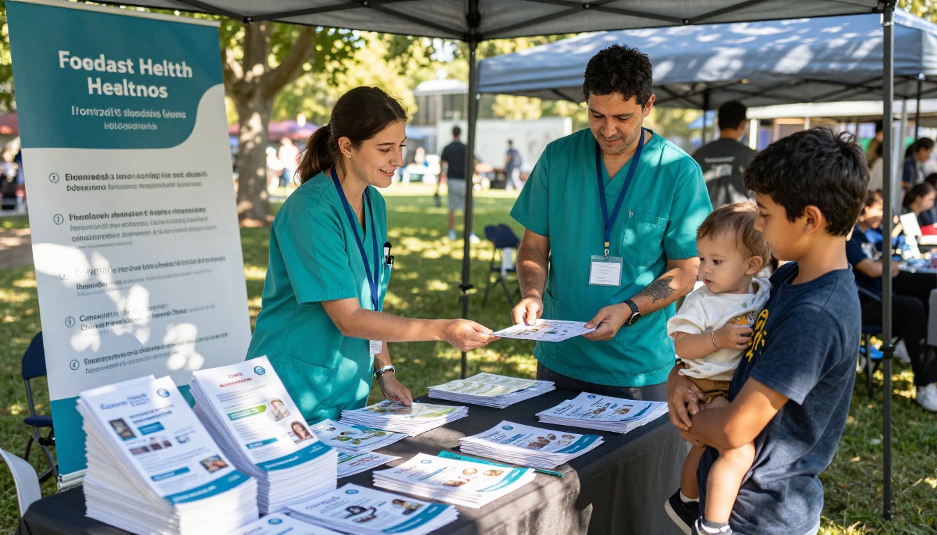 A nurse handing a leaflet at a community health fair table
