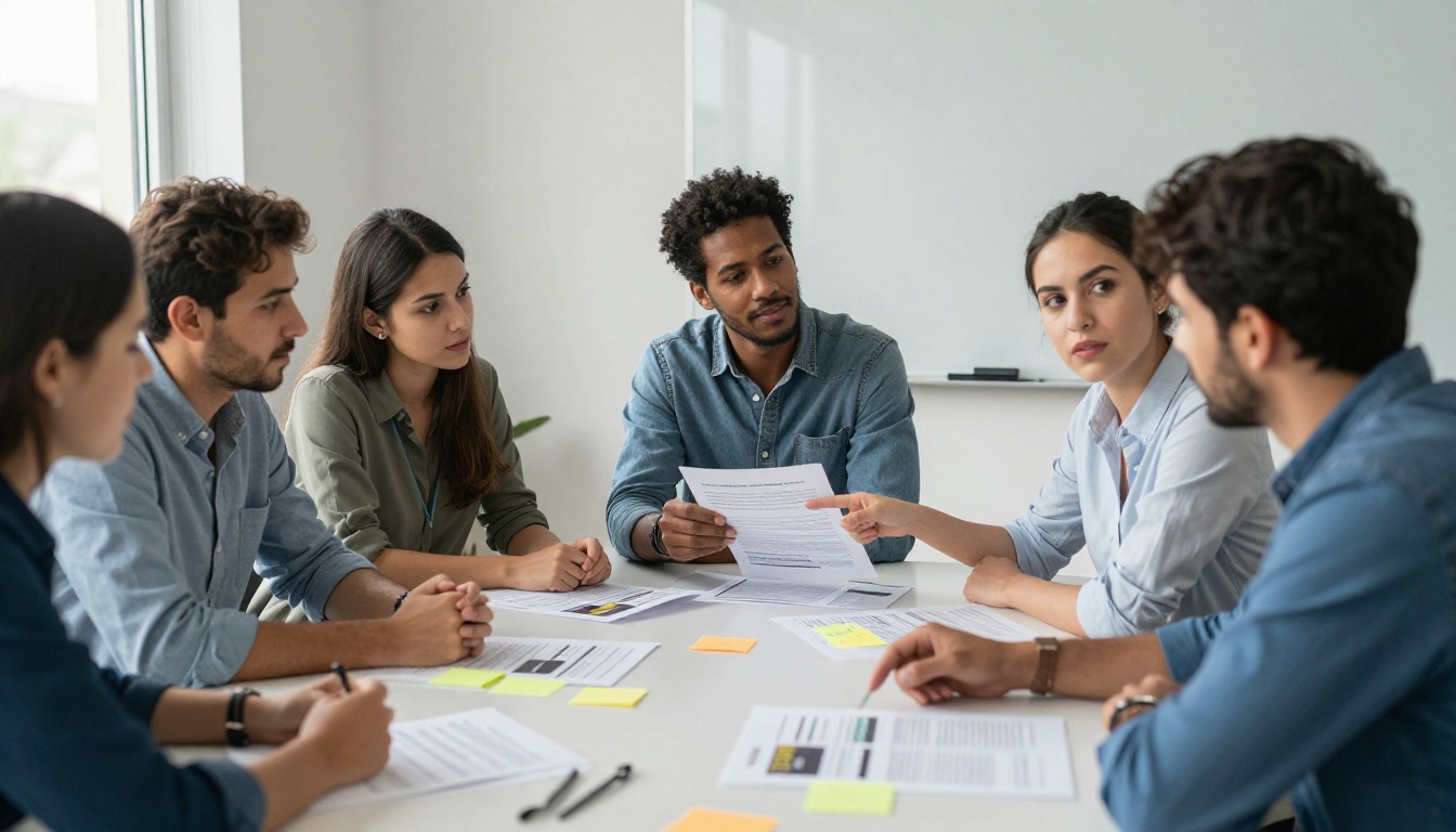 A research team reviewing brochure drafts with sticky notes