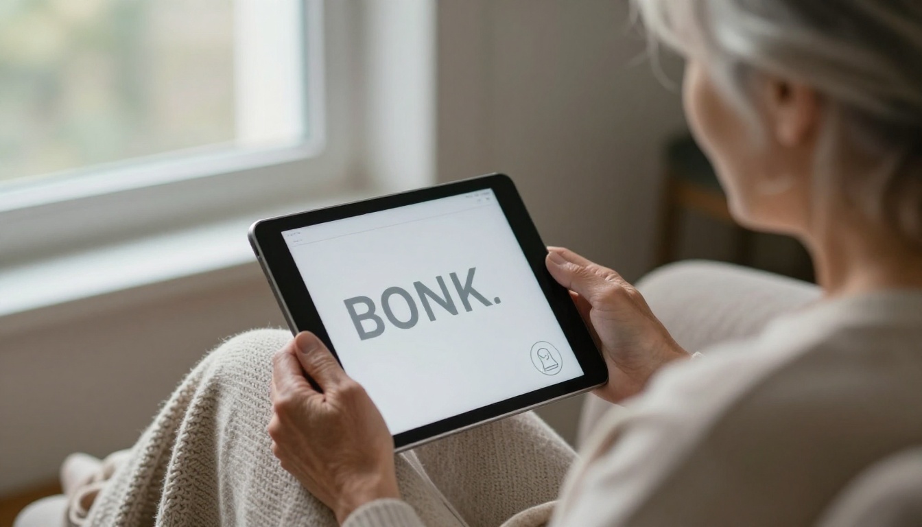 An older woman reading a brochure on a tablet