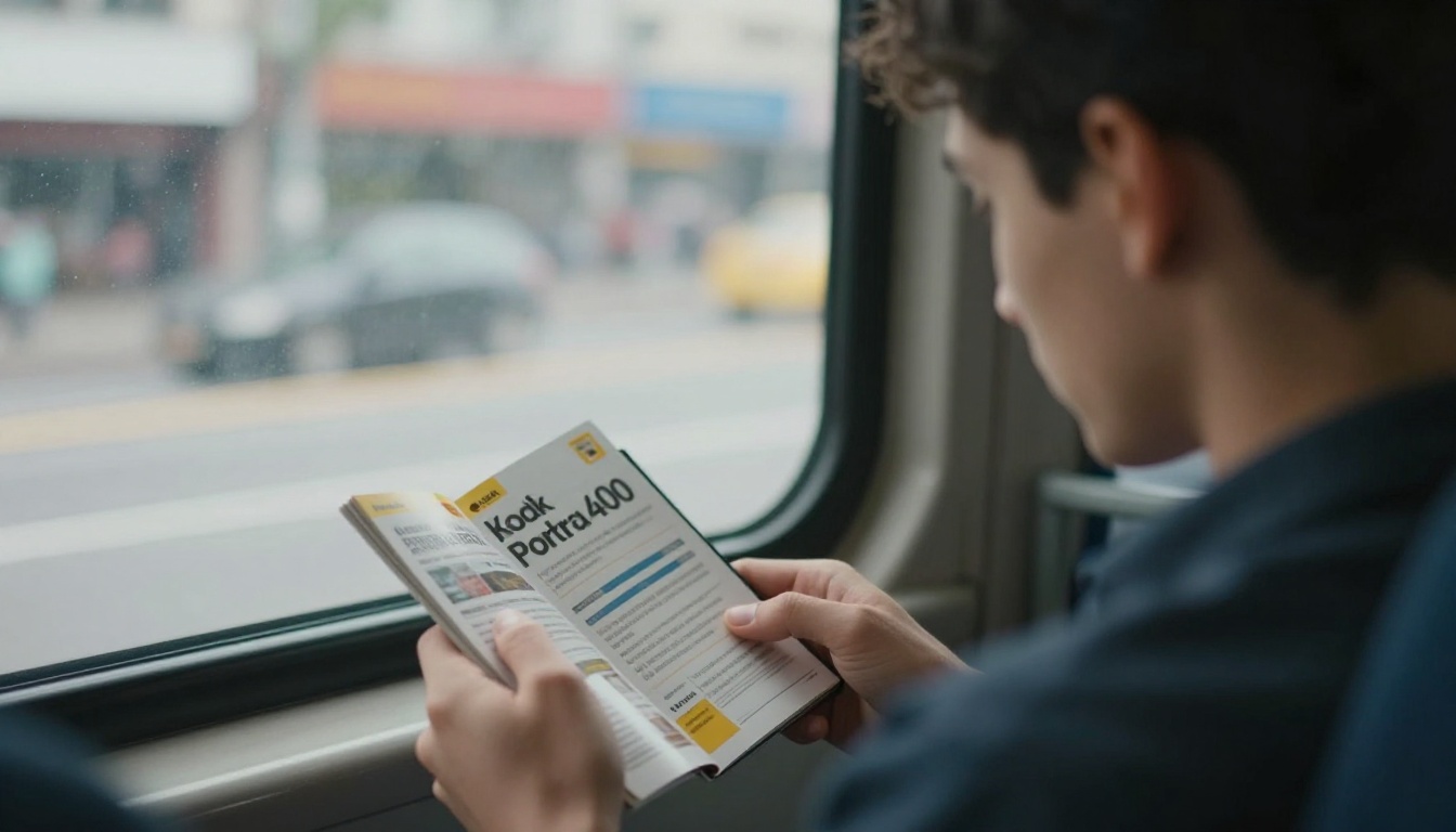 A young man reading a flipbook brochure on a bus