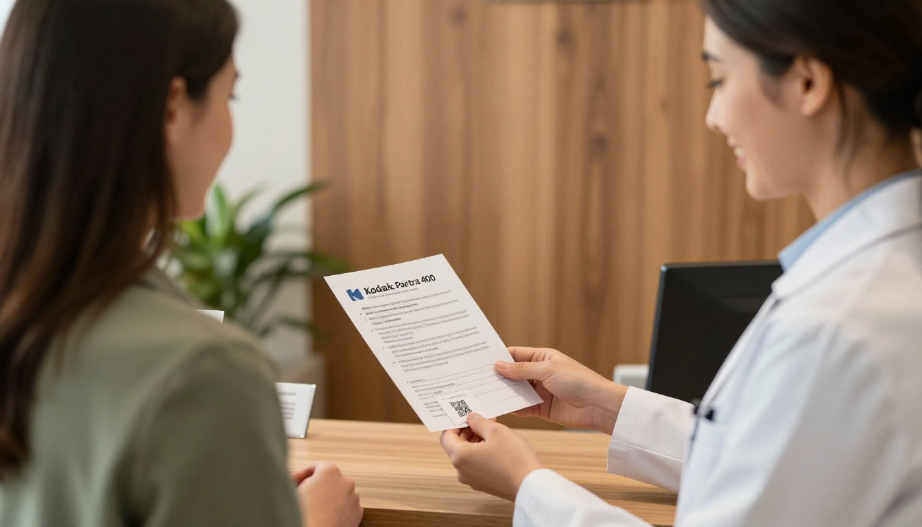A receptionist handing a brochure and QR card to a visitor