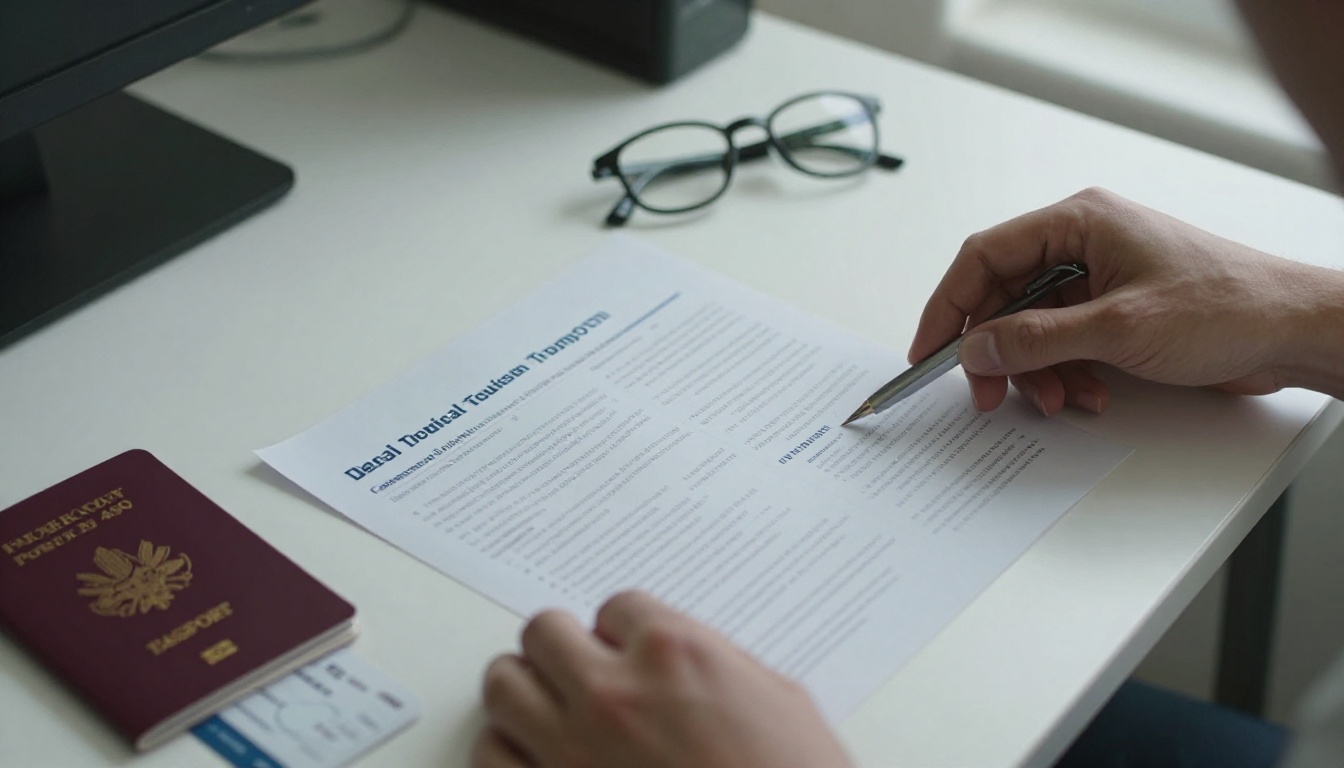 A hand flipping through a printed clinic brochure beside a passport and boarding pass