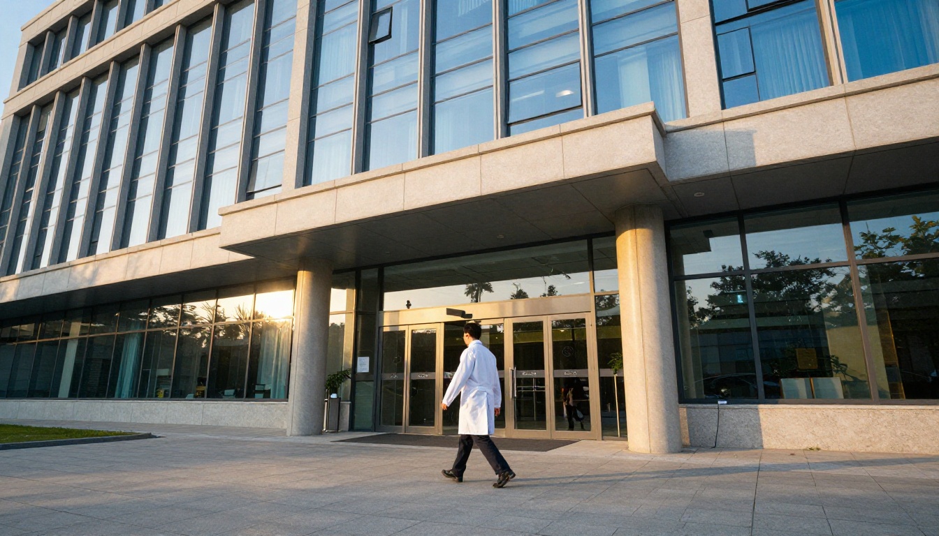 A modern hospital glass facade at golden hour with a doctor walking toward the entrance