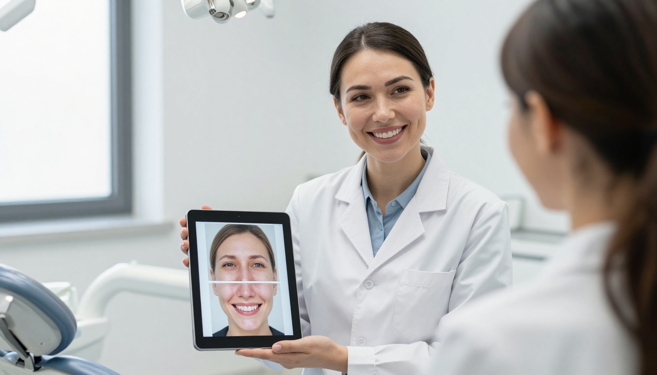 A dentist showing before and after smile photos on a tablet to a foreign patient