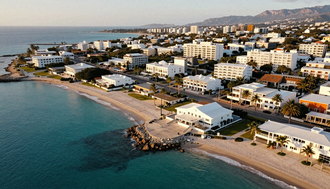 A coastal resort town with a private recovery clinic by the sea, seen from above