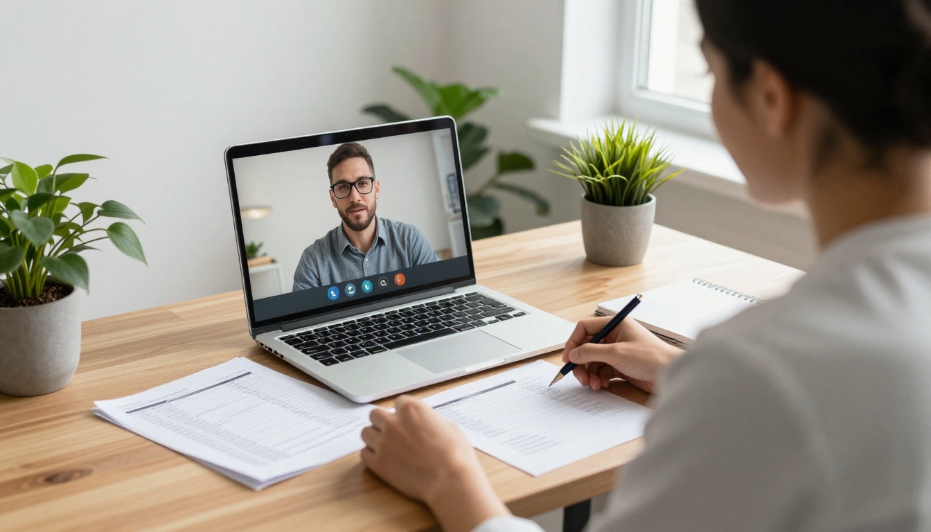 A patient coordinator on a video call with a patient while reviewing printed price sheets
