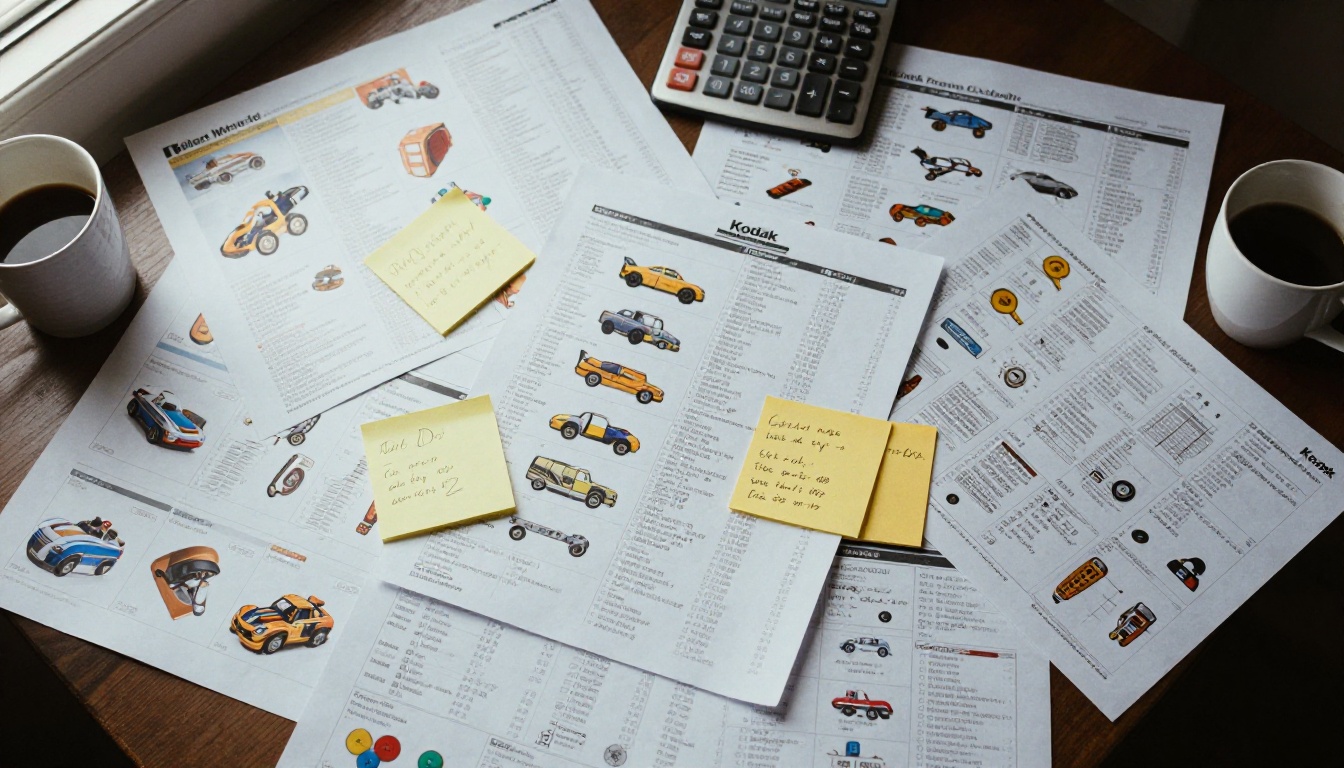 Desk covered with printed toy wholesale catalog pages, sticky notes and calculator Desk covered with printed toy wholesale catalog pages, sticky notes and calculator