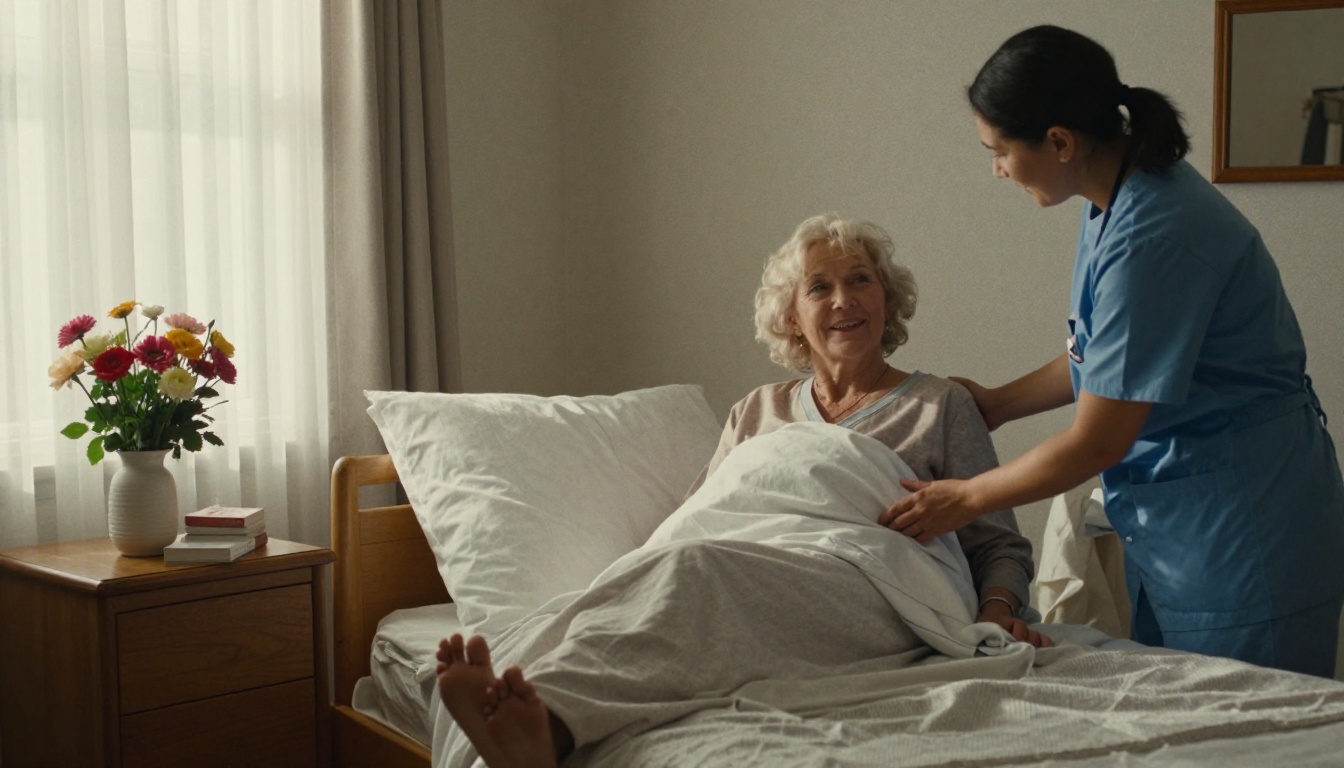 A private recovery suite with fresh flowers and a nurse adjusting a pillow for a smiling patient