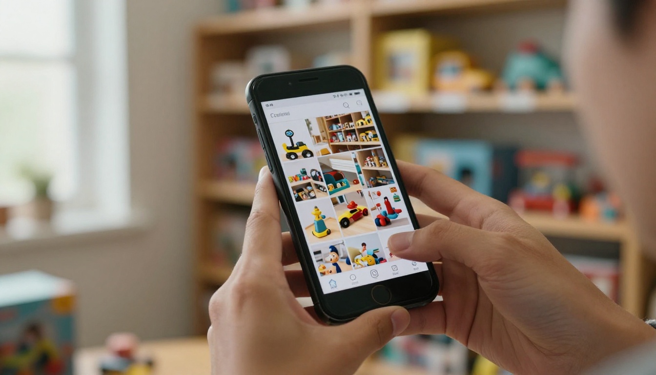 Hands holding a smartphone showing a page-flipping digital toy catalog Hands holding a smartphone showing a page-flipping digital toy catalog