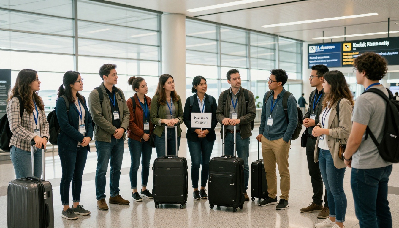 A diverse group of international patients greeted by a multilingual host at an airport arrivals hall