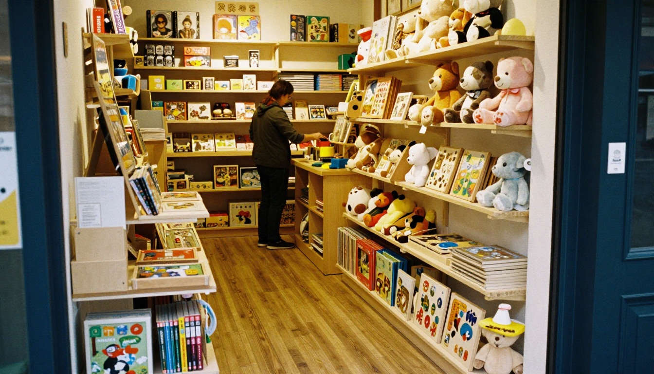 Wide view of a small independent toy shop interior with shelves of games and plush bears Wide view of a small independent toy shop interior with shelves of games and plush bears