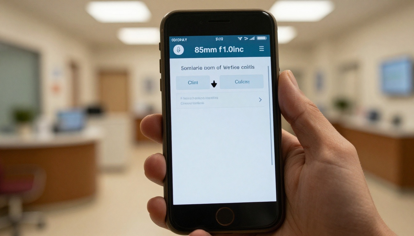 A smartphone displaying a digital page-turning clinic brochure in a clinic lobby