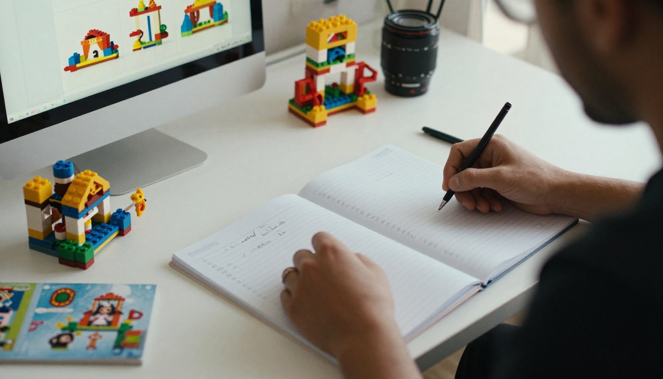Over-the-shoulder view of a toy buyer reviewing a product catalog on a laptop Over-the-shoulder view of a toy buyer reviewing a product catalog on a laptop