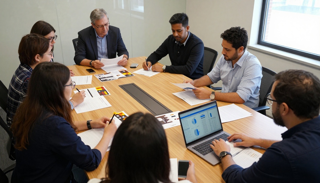 Clinic marketing staff reviewing printed brochure layouts and a laptop with reader statistics