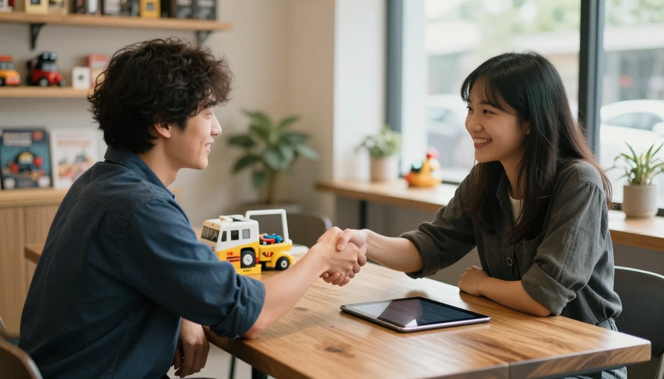 Toy brand founder and shop owner shaking hands over a table with tablet and samples Toy brand founder and shop owner shaking hands over a table with tablet and samples