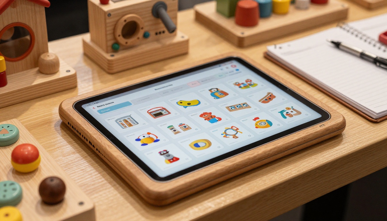 Tablet on a shop counter showing an interactive toy catalog with product grids Tablet on a shop counter showing an interactive toy catalog with product grids