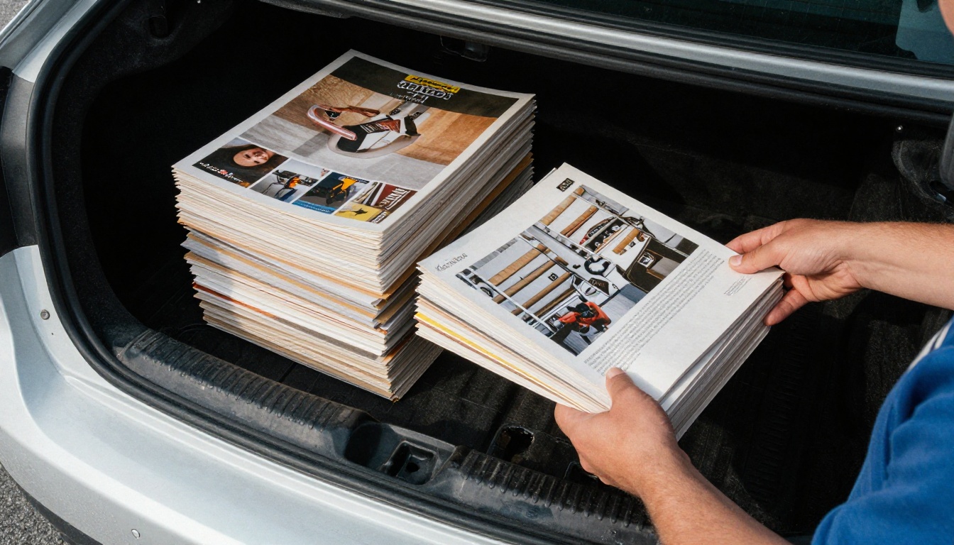 Sales rep with paper catalogs in a car trunk