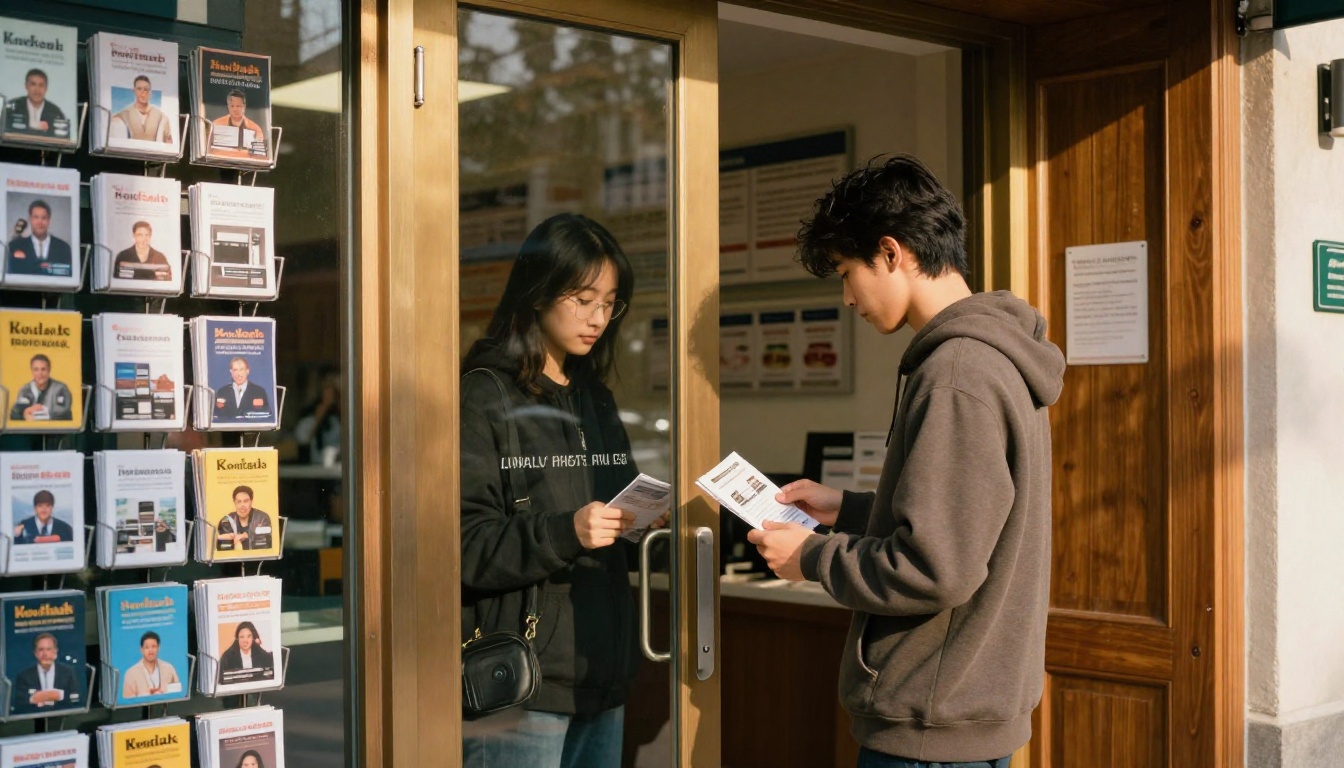 A bank branch entrance with a rack of printed brochures and a young customer taking one