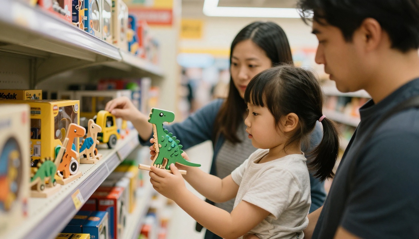 Family browsing a toy store aisle while a child holds a wooden dinosaur puzzle Family browsing a toy store aisle while a child holds a wooden dinosaur puzzle