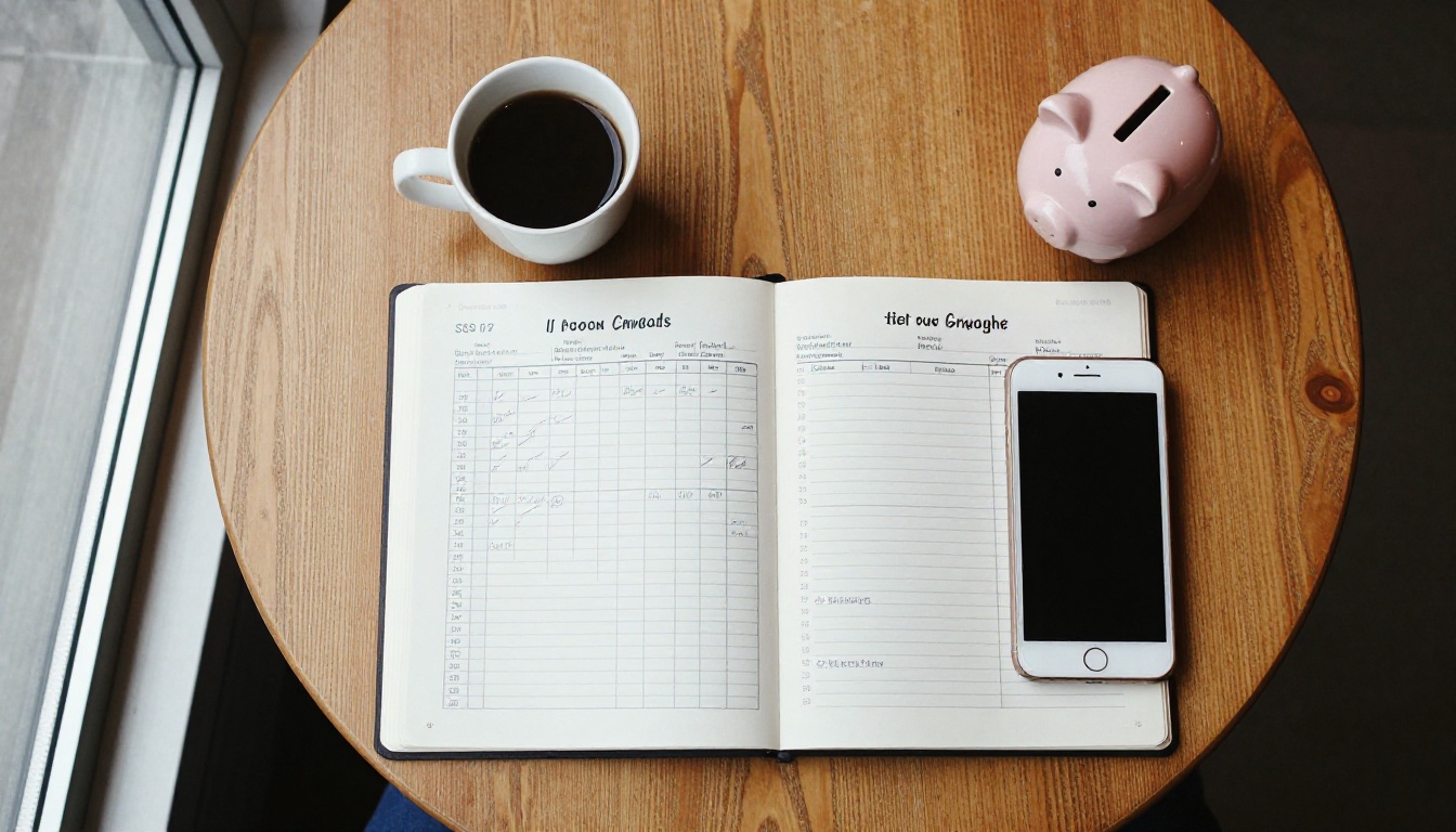 A cafe table with a hand-drawn monthly budget and a printed bank booklet