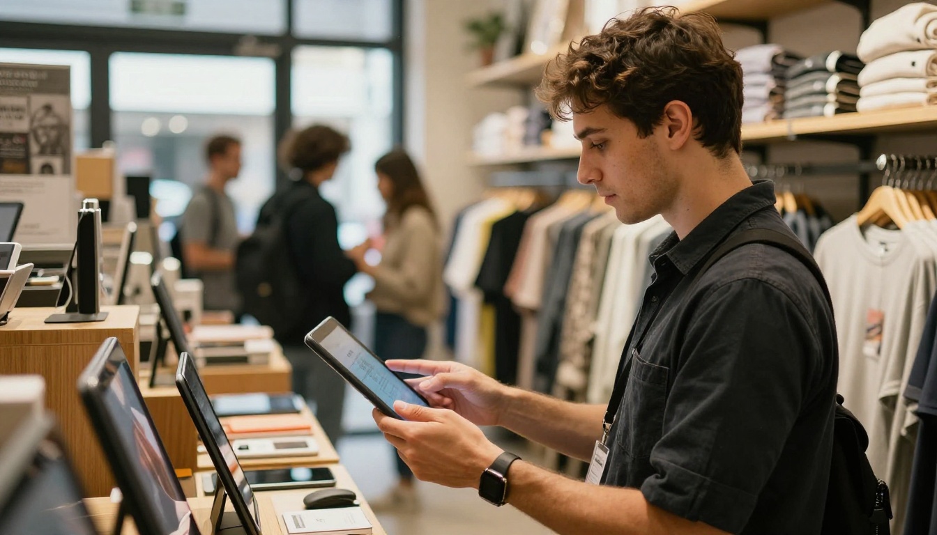 Sales rep showing a tablet to a boutique buyer