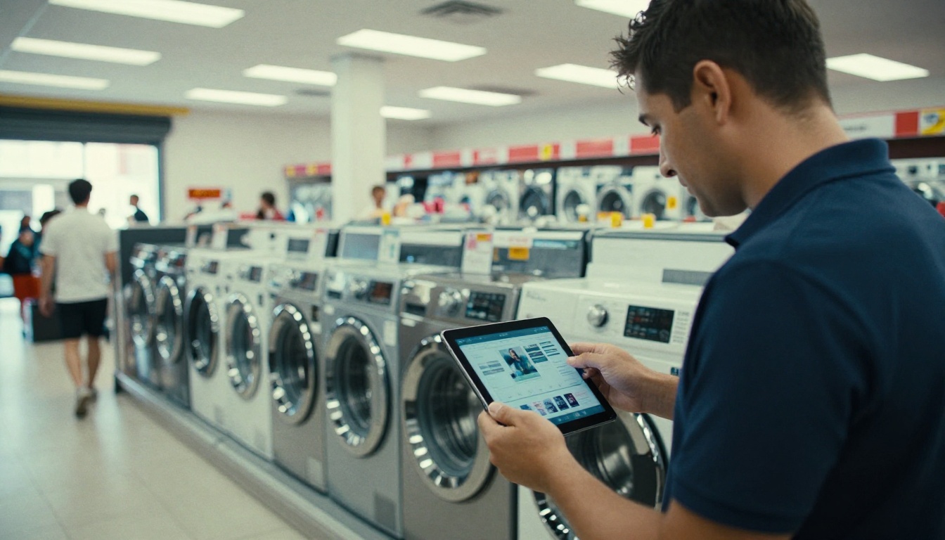 Retail salesperson showing a customer a tablet with a washing machine catalog Retail salesperson showing a customer a tablet with a washing machine catalog