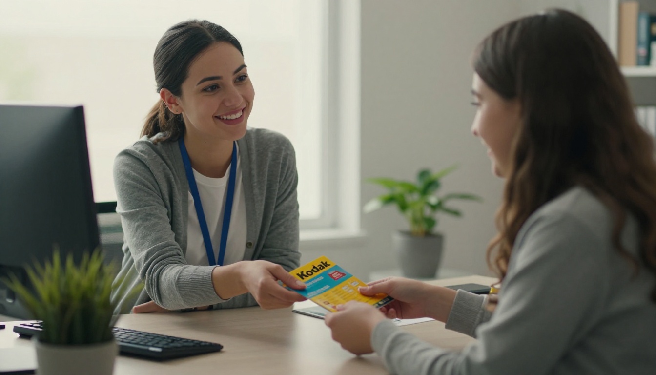 An advisor handing a colorful booklet to a smiling teenager