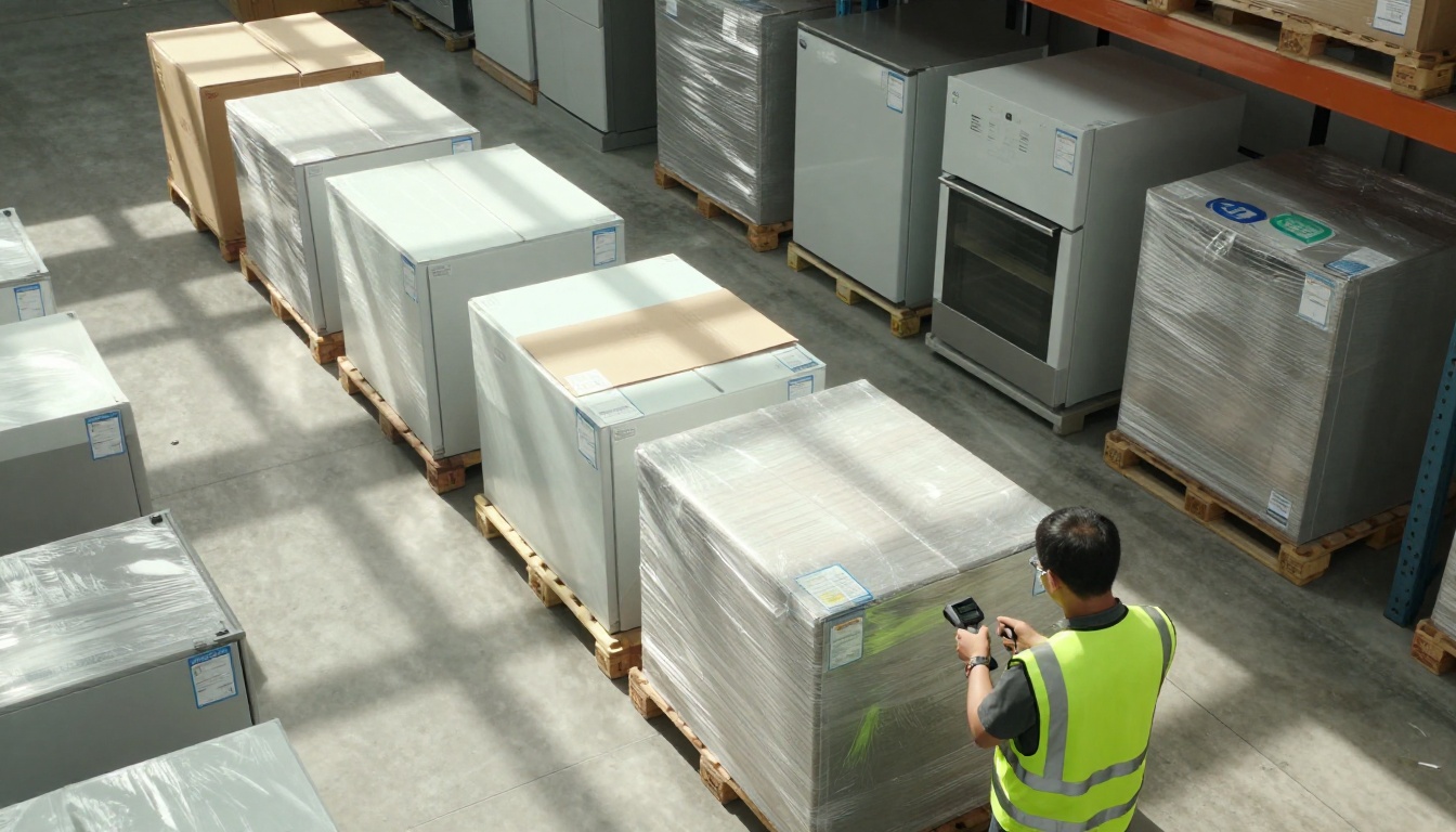 Aerial view of a warehouse floor with pallets of boxed refrigerators and dishwashers Aerial view of a warehouse floor with pallets of boxed refrigerators and dishwashers