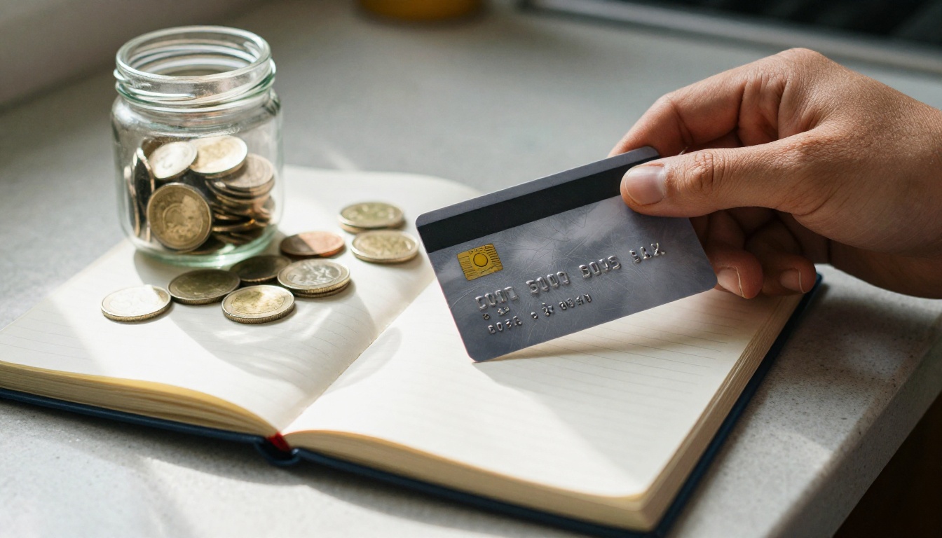 A hand holding a debit card above an open booklet and a coin jar