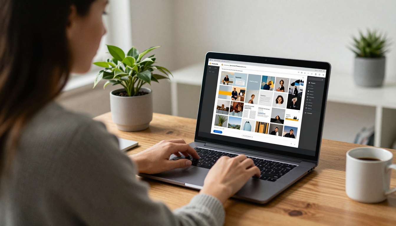 Woman organizing digital catalogs at a home desk