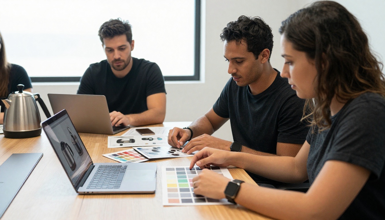 Product marketing team reviewing new kitchen appliance photos and swatches at a conference table Product marketing team reviewing new kitchen appliance photos and swatches at a conference table