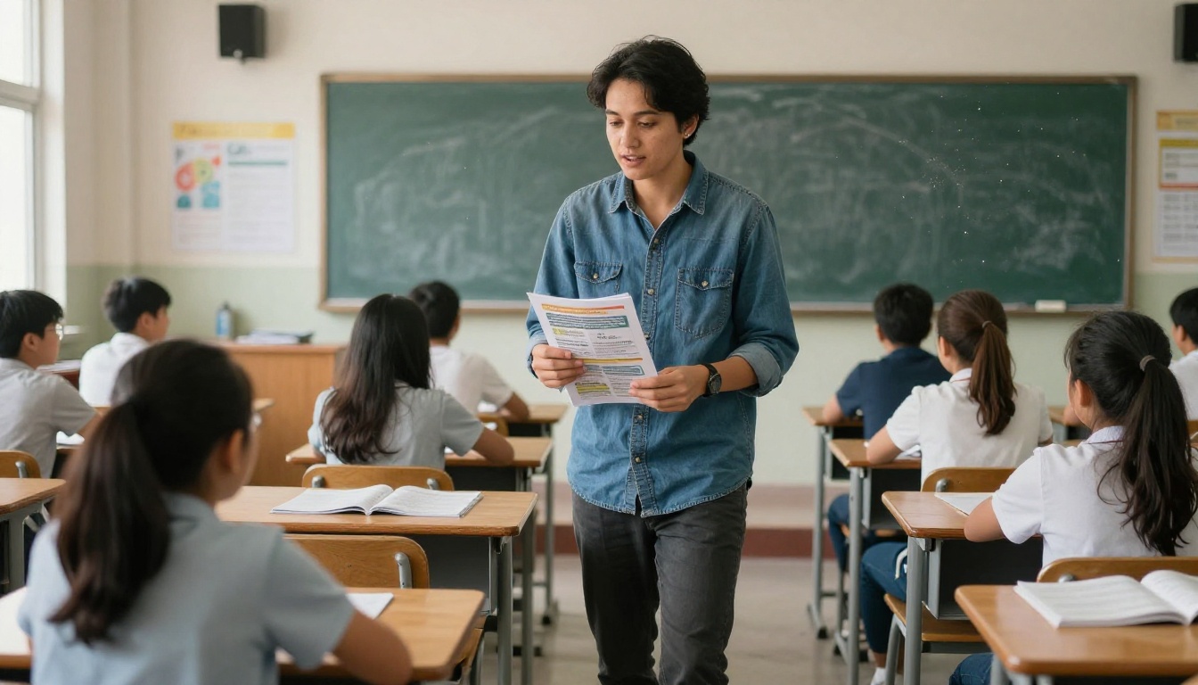 A high school classroom where a teacher distributes money-management booklets