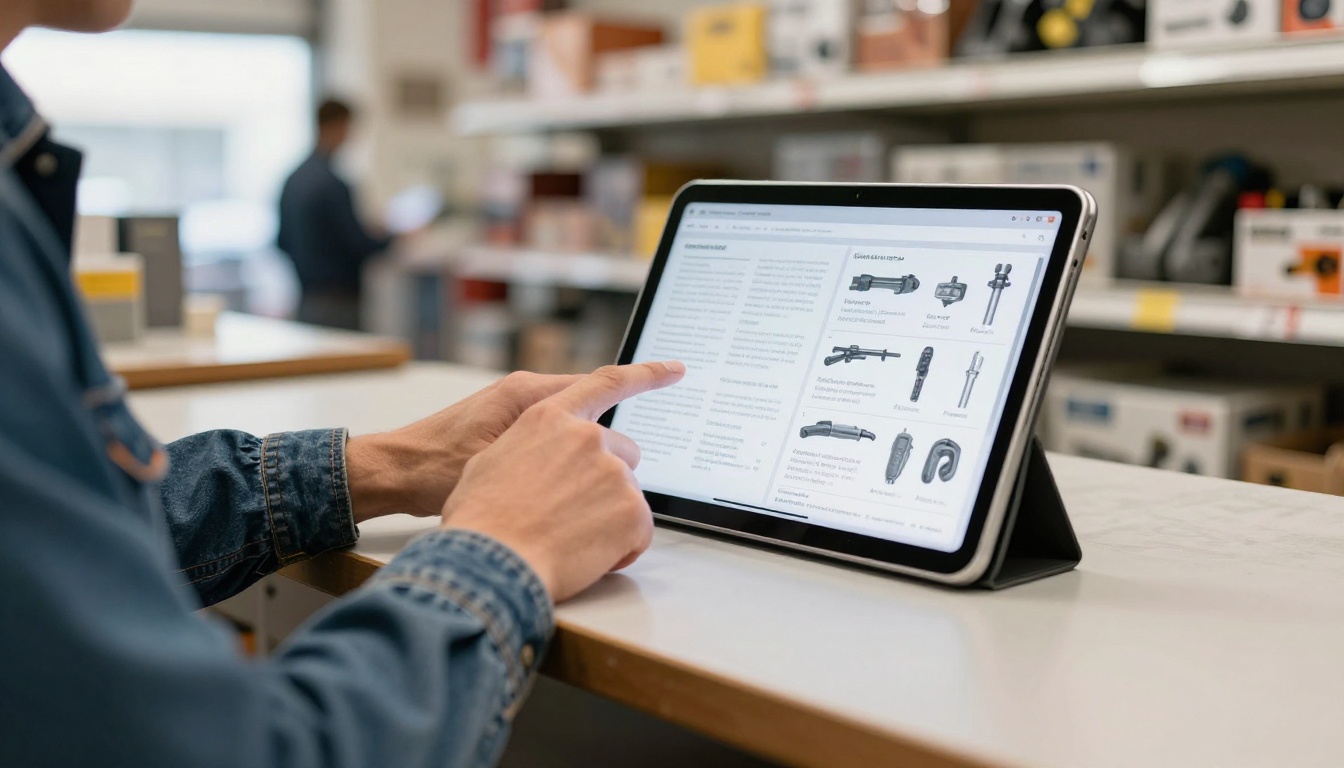Tool catalog on a tablet at a hardware counter