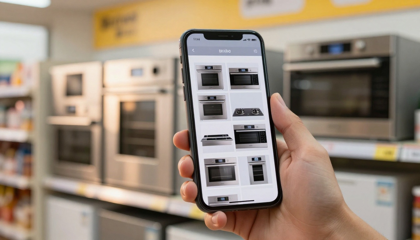 Smartphone in a hand showing a digital flipbook catalog of ovens and cooktops Smartphone in a hand showing a digital flipbook catalog of ovens and cooktops