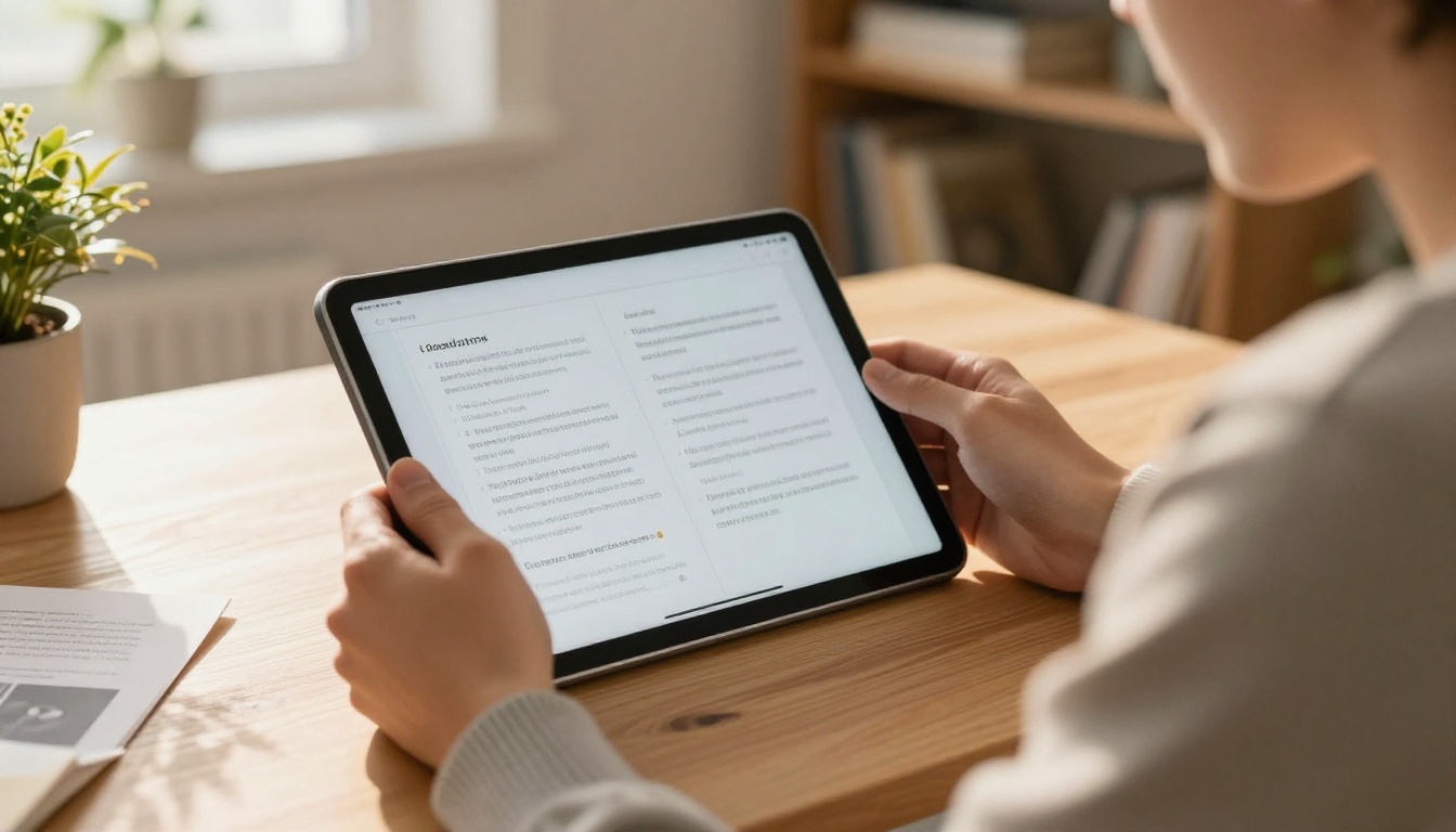A young man reading an interactive digital booklet on a tablet
