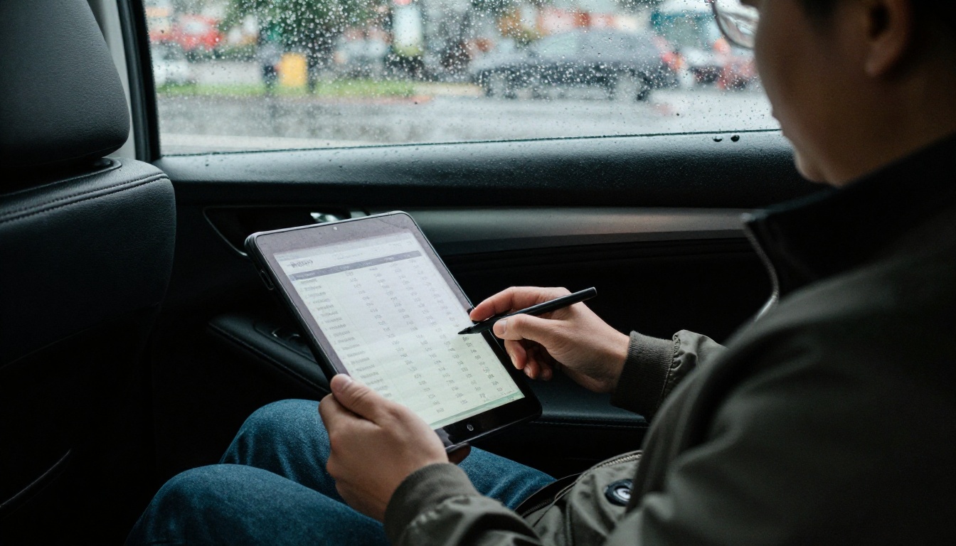 Sales rep reviewing a price list in a parked car