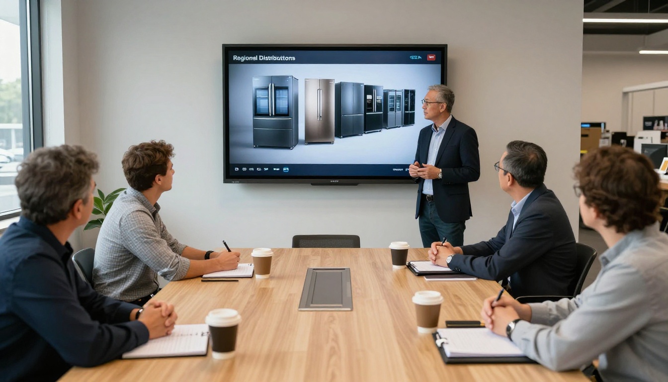 Retail buyers around a long table watching a manufacturer representative present a new refrigerator line Retail buyers around a long table watching a manufacturer representative present a new refrigerator line