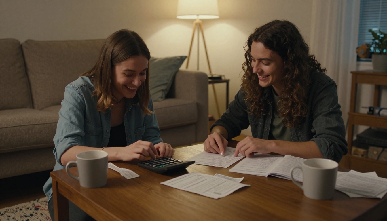 Two roommates splitting bills at a living room table
