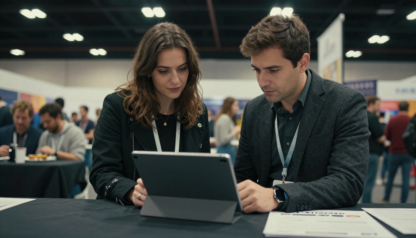 Two colleagues at a trade show looking at a tablet