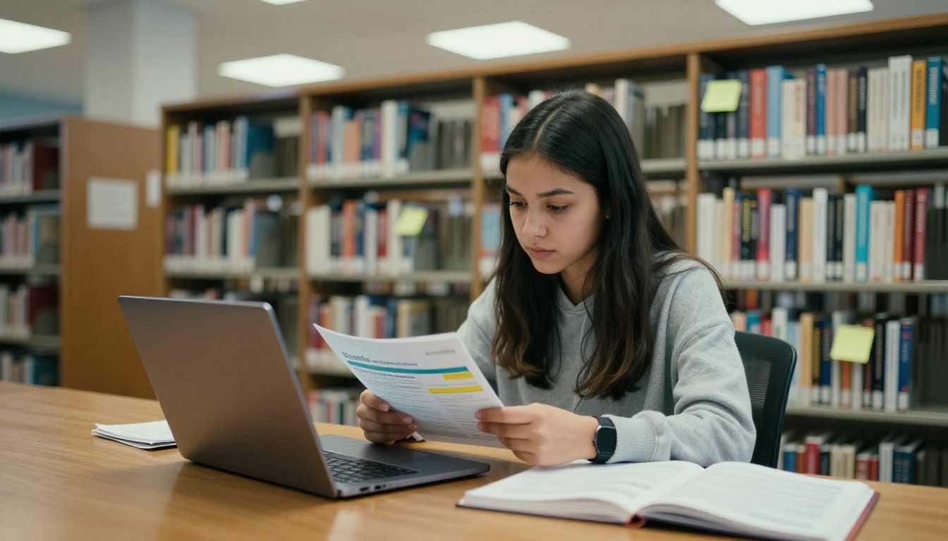 A university library study area with a young woman reviewing a savings plan booklet