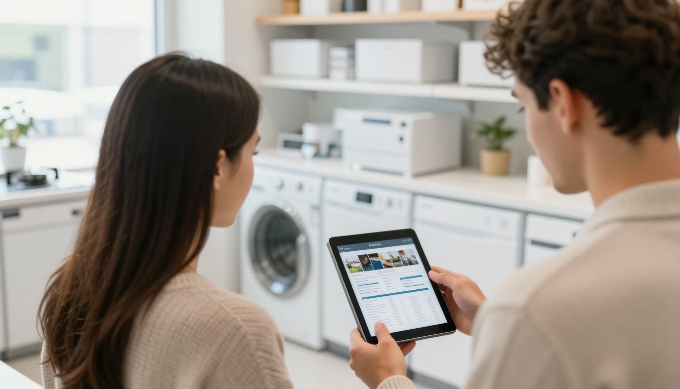 Young couple in an appliance store looking at a tablet catalog held by a store associate Young couple in an appliance store looking at a tablet catalog held by a store associate