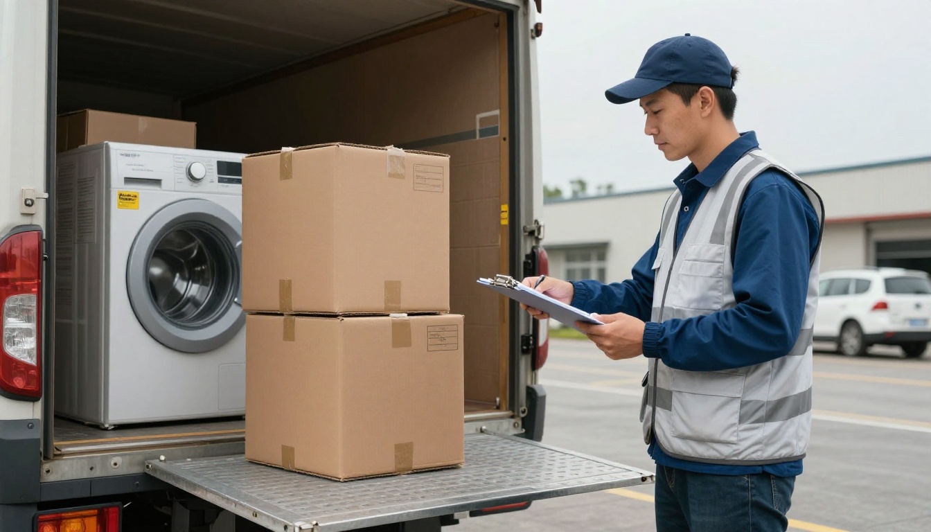 Delivery driver handing a clipboard to a store clerk at a loading dock beside boxed washing machines Delivery driver handing a clipboard to a store clerk at a loading dock beside boxed washing machines