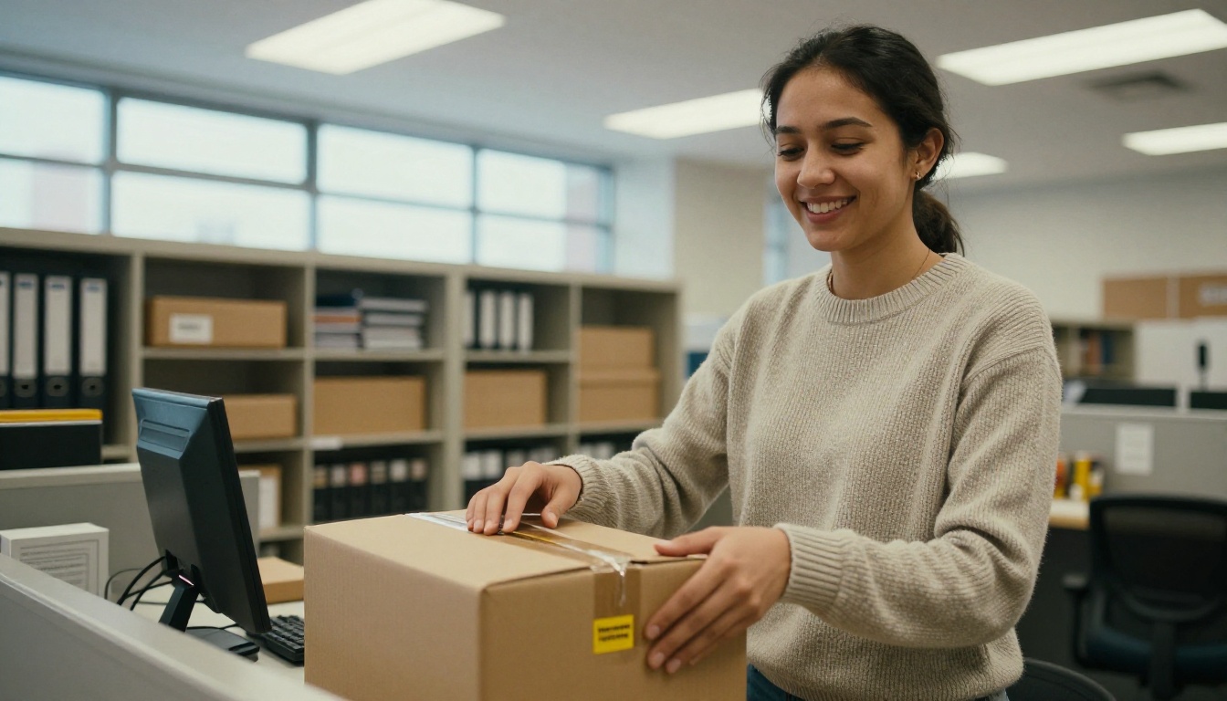 International office staff member packing a welcome box