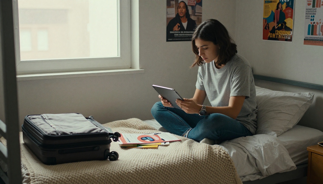 Student reading a housing guide on a tablet in a dorm room