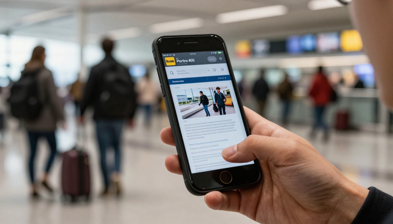 Student at airport arrivals reading a digital booklet on a phone