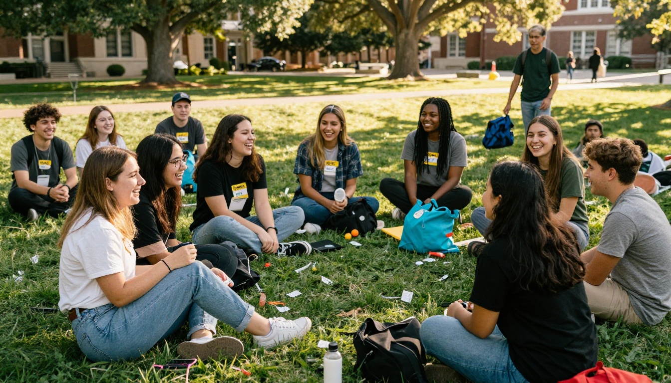Orientation picnic with international students on a campus lawn