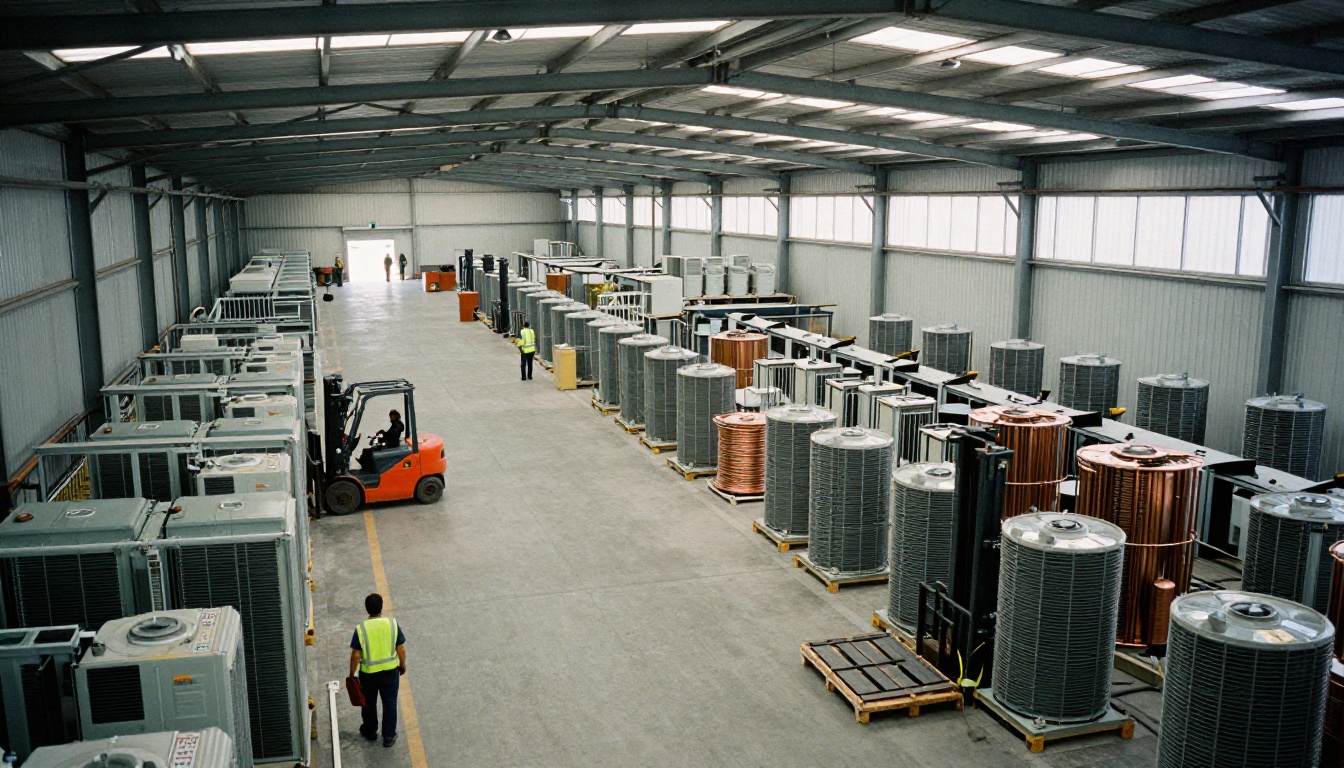 Aerial view of an HVAC distribution warehouse with racked equipment Aerial view of an HVAC distribution warehouse with racked equipment