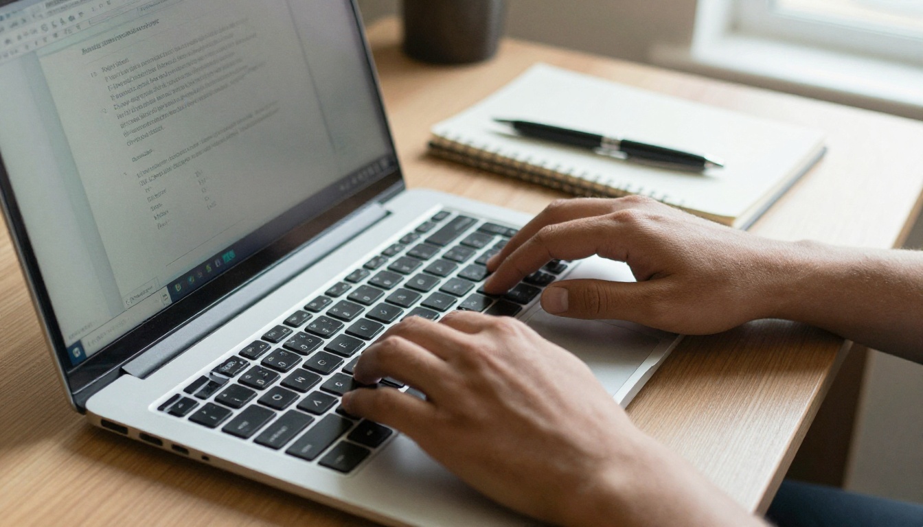 Consultant typing on a laptop beside a notebook Consultant typing on a laptop beside a notebook