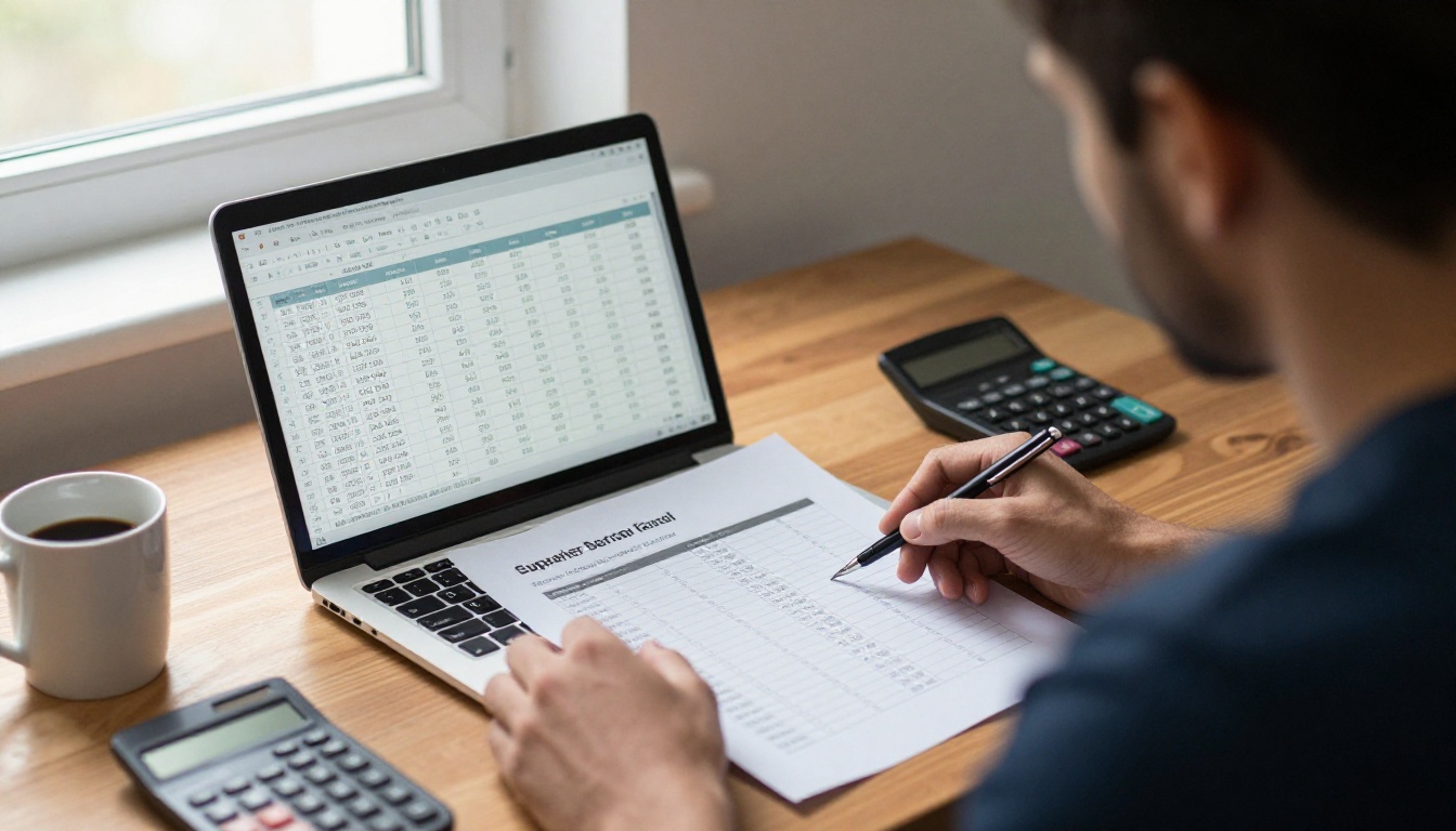 Sales manager comparing a printed catalog with a laptop spreadsheet of supplier costs Sales manager comparing a printed catalog with a laptop spreadsheet of supplier costs